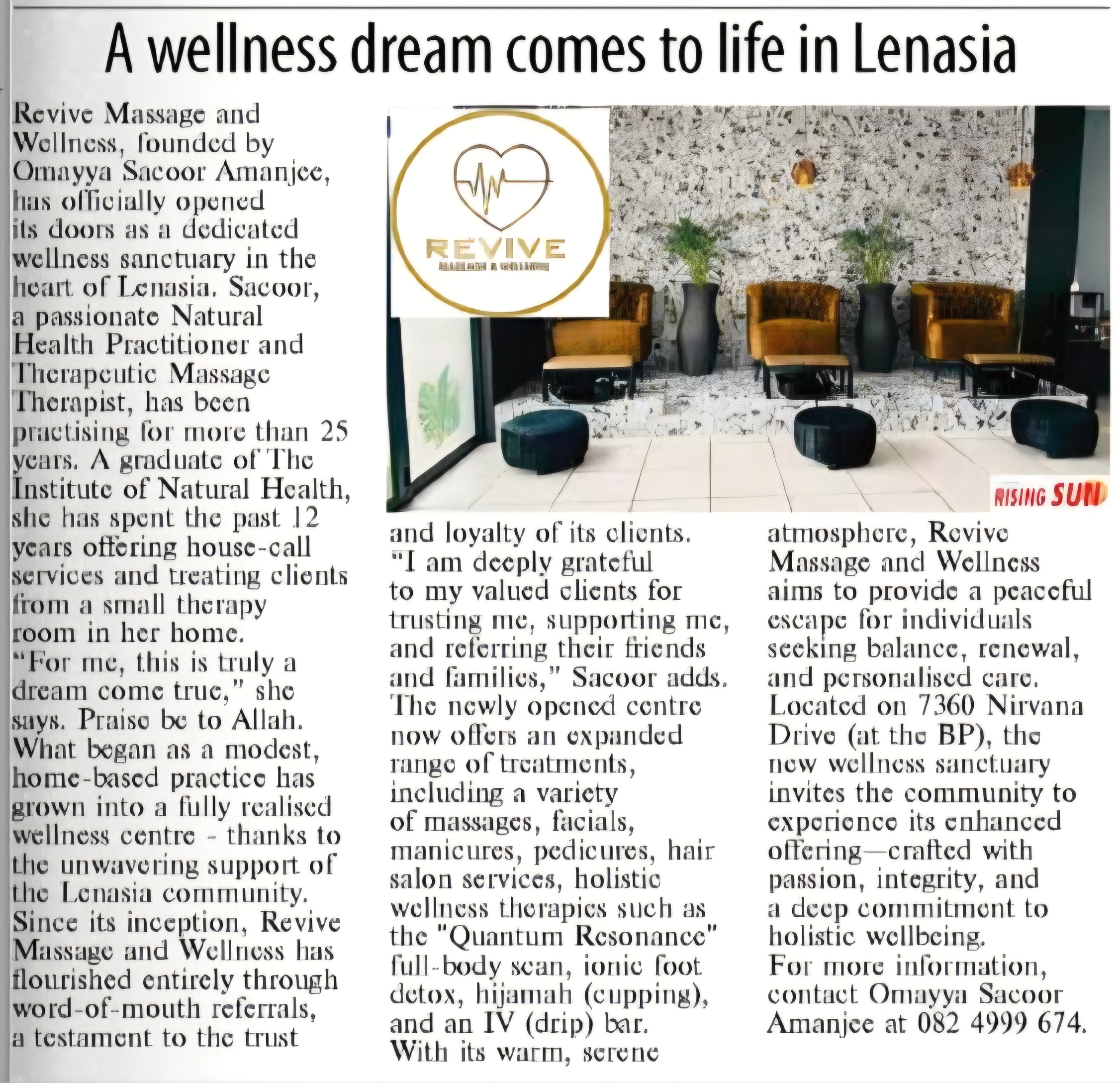 Rising Sun newspaper article — A wellness dream comes to life in Lenasia